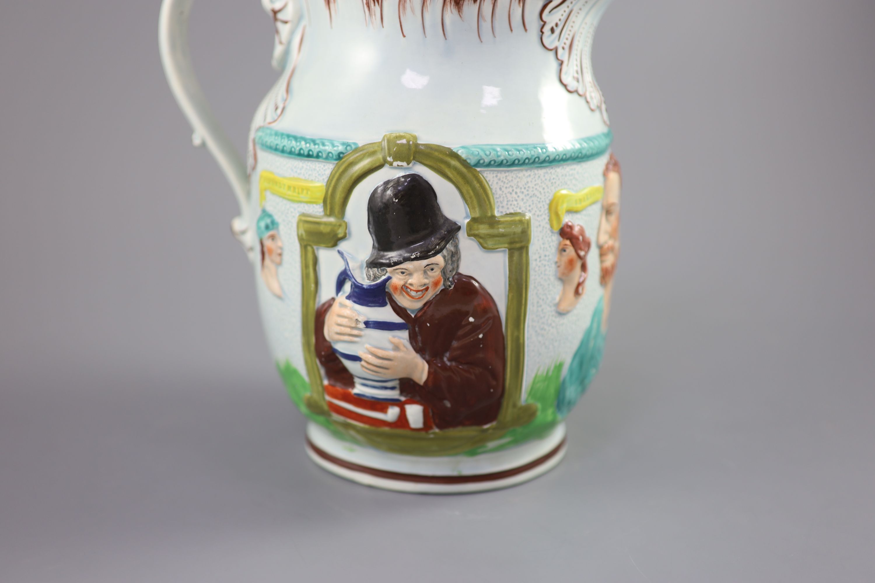 A Staffordshire pearlware Shakespear The Poet The Miser and Spendthrift jug, c.1800, 23cm high